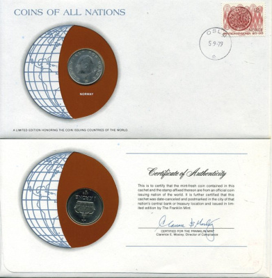 НОРВЕГИЯ 1 КРОНА 1979 монета в конверте с маркой и спецгашением UNC 4294-17-3