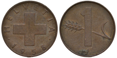 Швейцария 1 раппен 1958 в KM 46 бронза 4124-529