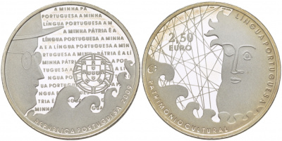 Португалия 2 1/2 евро 2009 португальский язык, тираж  14000 экз. KM 791а серебро PROOF 01-166-42