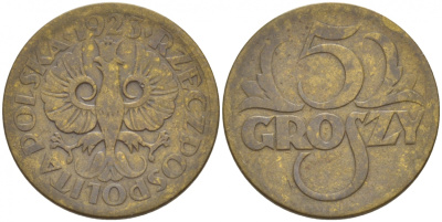 ПОЛЬША 5 ГРОШЕЙ 1923 KM 10 латунь 4549-145