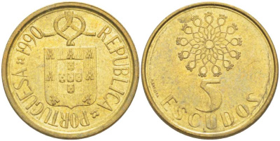 ПОРТУГАЛИЯ 5 ЭСКУДО 1990 KM 632 никель латунь XF+ 4513-1123