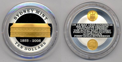 Австралия 10 долларов 2005 150 лет монетному двору в Сиднее, коробка, сертификат, серебро, позолота KM 751 серебро PROOF 00-00