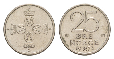 Норвегия 25 эре 1976 Улаф V (1957-1991) KM 417 медно-никель UNC 4632-1249