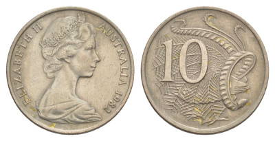 Австралия 10 центов 1982 Елизавета II (1952-2022), птица лирахвост KM 65 медно-никель 4633-227
