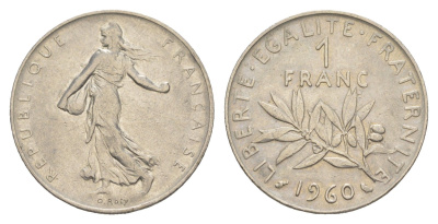 Франция 1 франк 1960 сеятель KM 925.1, Le Franc 226.5 никель 4652-442