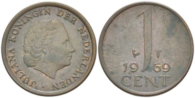 НИДЕРЛАНДЫ 1 ЦЕНТ 1969 ЮЛИАНА (1948-1980) KM 180 бронза 214-1044