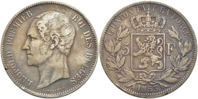 Бельгия 5 франков 1853 Леопольд I (1831-1865) KM 17 серебро 5010-824