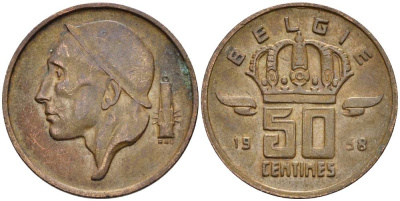 Бельгия 50 сантимов 1958 Belgie, Бодуэн I (1951-1993) KM 149.1 бронза 4528-966