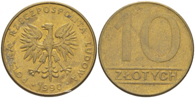 Польша 10 злотых 1990 MW, Народная Республика KM 152.2, Parchimowicz 244b латунь 4519-1026