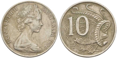 Австралия 10 центов 1970 Елизавета II (1952-), птица лирахвост KM 65 медно-никель 4382-927