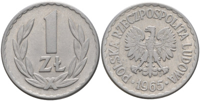 Польша 1 злотый 1965 MW KM 49.1, Parchimowicz 213b алюминий 4141-342
