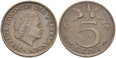 НИДЕРЛАНДЫ 5 ЦЕНТОВ 1952 ЮЛИАНА KM 181 бронза 214-766