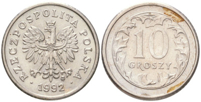 Польша 10 грошей 1992 Y 279 медно-никель UNC 4614-315