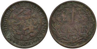 Нидерланды 1 цент 1930 Вильгельмина (1890-1948) KM 152 бронза 4576-1122