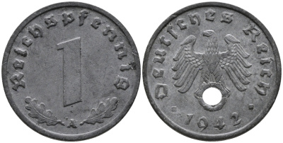 ГЕРМАНИЯ 1 РЕЙХСПФЕННИГ 1942 A KM 97, J.369 цинк 96-735