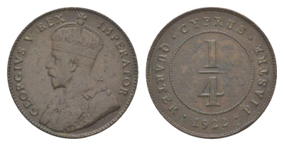 Кипр 1/4 пиастра 1922 Георг V (1910-1936), редкий год, тираж 72.000 экземпляров KM 16 бронза 4127-1133