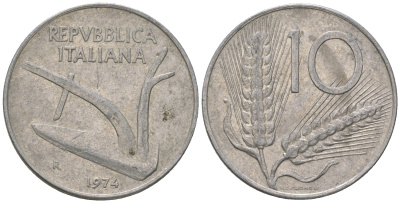 Италия 10 лир 1974 R, колосья, плуг KM 93 алюминий 4589-934