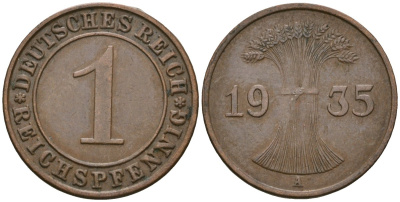 Германия 1 рейхспфенниг 1935 A KM 37, J. 313 бронза 4528-419