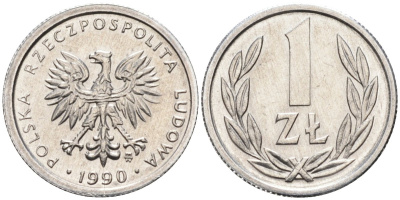 Польша 1 злотый 1990 MW, Народная Республика KM 49.3, Parchimowicz 215b алюминий UNC 4580-727