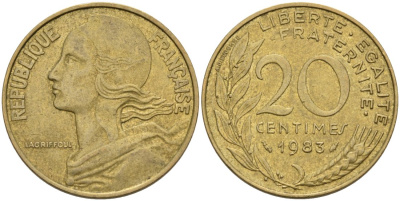 ФРАНЦИЯ 20 САНТИМОВ 1983 ТИП MARIANNE KM 930, LE FRANC 156.23 медь алюминий никель 4573-1047