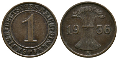 ГЕРМАНИЯ 1 РЕЙХСПФЕННИГ 1936 A KM 37, J. 313 бронза 220-163