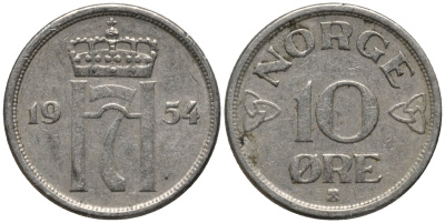 Норвегия 10 эре 1954 Хокон VII KM 396 медно-никель 206-222