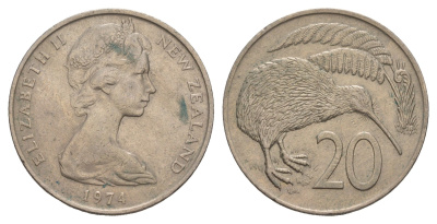 Новая Зеландия 20 центов 1974 Елизавета II (1952-2022), птичка киви KM 36.1 медно-никель 4653-311