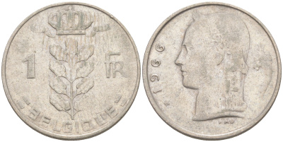БЕЛЬГИЯ 1 ФРАНК 1966 BELGIQUE KM 142.1 медно-никель 187-931