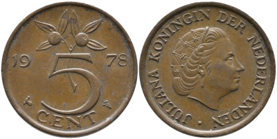 НИДЕРЛАНДЫ 5 ЦЕНТОВ 1978 ЮЛИАНА KM 181 бронза 65-1231