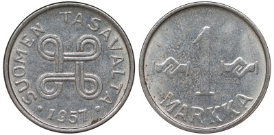 Финляндия 1 марка 1957 KM 36a никелированное железо 4164-137