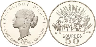 Гаити 50 гурдов 1981 50 лет FAO, голова женщины KM 149 серебро PROOF 1066-1-35