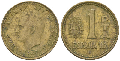 Испания 1 песета 1980 (82), Хуан Карлос I (1975-2014), чемпионат мира по футболу 1982 года в Испании KM 816 алюминиевая бронза 4618-417