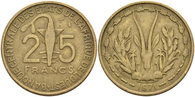 Валютное сообщество стран Западной Африки 25 франков 1971  KM 5 алюминиевая бронза    4595-723