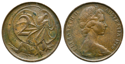 Австралия 2 цента 1966 Елизавета II (1952-), плащеносная ящерица KM 63 бронза 89-1337
