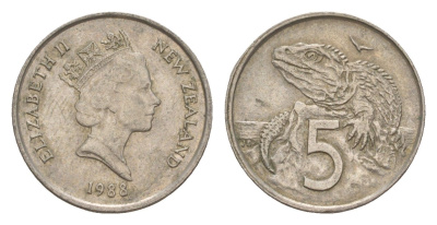 Новая Зеландия 5 центов 1988 Елизавета II (1952-2022), ящерица гаттерия KM 60 медно-никель 4594-362