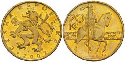 Чехия 20 крон 2002 чешский лев, герцог Вацлав на коне KM 5 сталь плакированная латунью 4514-745