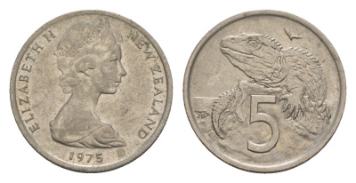 Новая Зеландия 5 центов 1975 Елизавета II (1952-2022), ящерица гаттерия KM 34.1 медно-никель 4655-1158