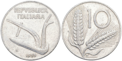 Италия 10 лир 1955 R, КОЛОС, плуг KM 93 алюминий 4519-935