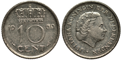 Нидерланды 10 центов 1969 Юлиана (1948-1980) KM 182 никель VF 4181-122