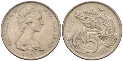 Новая Зеландия 5 центов 1972 Елизавета II (1952-2022), ящерица гаттерия KM 34.1 медно-никель    4602-653