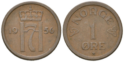 Норвегия 1 эре 1956 Хокон VII (1905-1957) KM 398 бронза 3334-1169