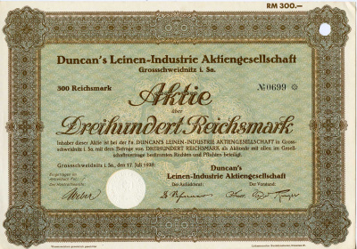 Германия 300 рейхсмарок 1929 АО Duncan's Leinen-Industrie, акция   бумага  8803-52-1