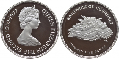Гернси 25 пенсов 1977 25 лет правления Елизаветы II, крепость KM 31a серебро PROOF 02-090-31