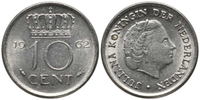 НИДЕРЛАНДЫ 10 ЦЕНТОВ 1962 ЮЛИАНА KM 182 никель 112-736