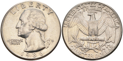 США 25 центов = квотер 1986 D, Вашингтон KM A164a медь плакированная медно-никелем 4584-1232