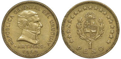 Уругвай 1 песо 1965 KM 46 алюминиевая бронза 24-853