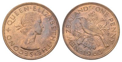 Новая Зеландия 1 пенни 1963 Елизавета II (1952-2022), новозеландский туи KM 24.2 бронза aUNC 4587-332
