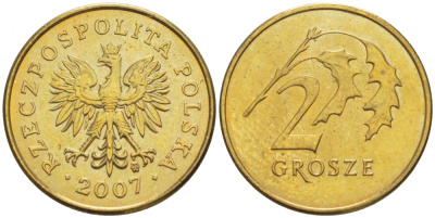 ПОЛЬША 2 ГРОША 2007 MW KM 277 латунь UNC 4516-1143