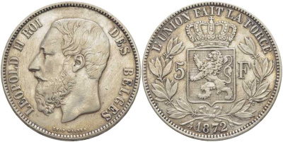 Бельгия 5 франков 1872 Леопольд II (1865-1909) KM 24 серебро 5010-923