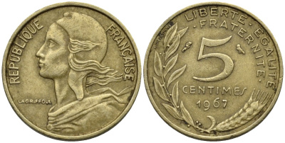 Франция 5 сантимов 1967 KM 933, Le Franc 125.3 медь алюминий никель 4124-1269